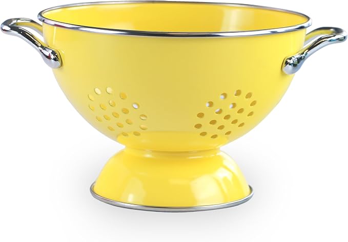 Reston Lloyd, 1.5 Quart Powder Coated Steel Kitchen Strainer Basket for draining Pasta, Vegetable and Fruit, Chrome Handles and Wide Stable Base, Lemon