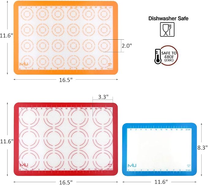 MIU Macaroon Silicone Baking Mat, Non-Stick Cookie Baking Mat, 2 Half Sheets and 1 Quarter Sheet, Perfect Baking Pad Cookie Kit for Macarons, Cake, Bread and Pastry