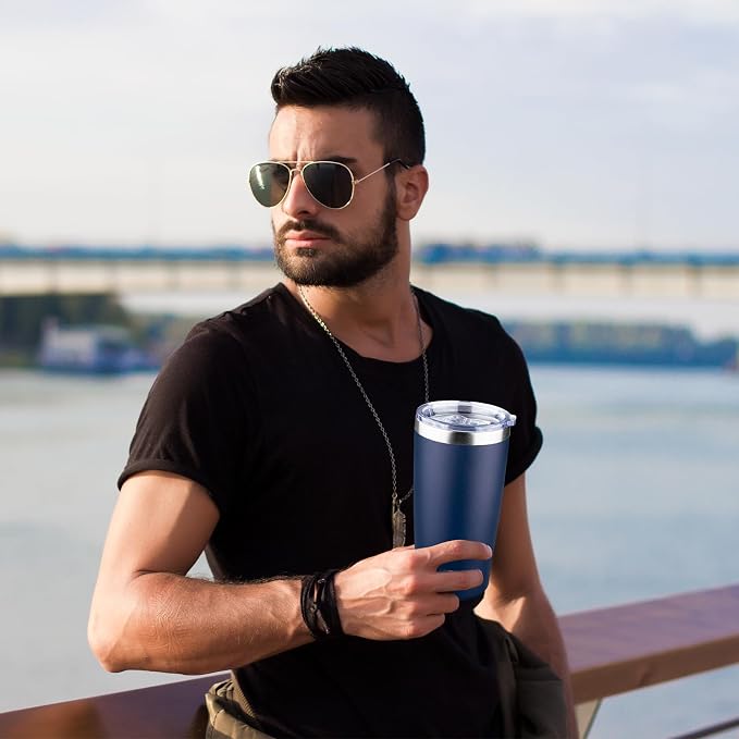MEZMUT 20oz Insulated Tumbler Travel Coffee Mug with Lid Straw(Navy Blue,1) | 18/8 Stainless Steel Double Wall Vacuum Spill Proof Metal Insulated Tumbler with Daul Lid and Straw, Hot or Iced Coffee Cup