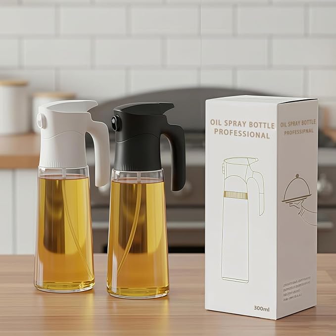 NYXVAULT，A 300ml glass olive oil spray bottle, with precise dosage control, works as a practical kitchen，air fryer tool for salads, frying, grilling (White)