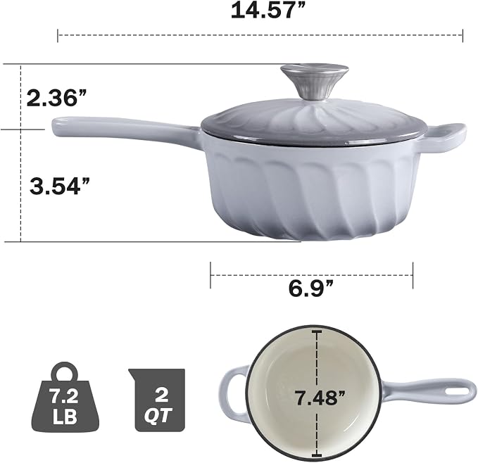 Enameled Cast Iron Sauce Pan with Lid, 2 Quart Saucepan with Lid | Dutch Oven with Lid, Small Cast Iron Pot for Cooking Pasta, Soup, Milk, Induction & Oven Safe Up to 500°F, Light Gray