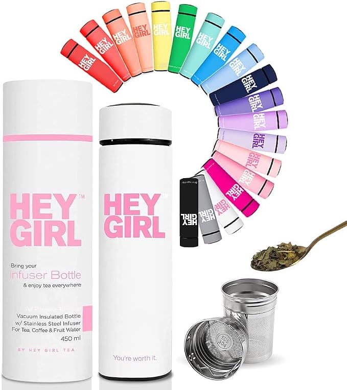 Hey Girl Tea Infuser Bottle 450ml - Insulated Stainless Steel Water Bottle - Tea Tumbler with Tea Diffuser - Portable Travel Mug for Loose Leaf Tea & Infused Water - Tea Lovers Gifts for Women