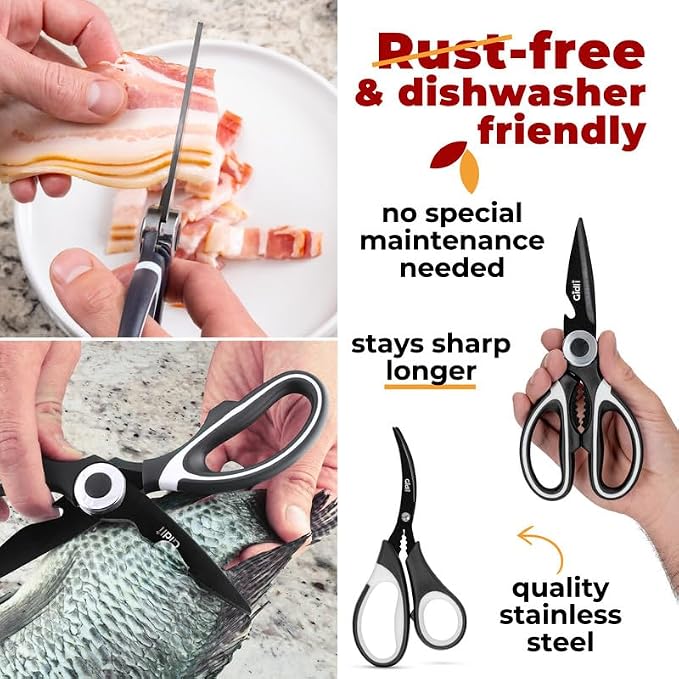 Titanium Coated Kitchen Scissors 2-Piece Set - Lifetime Replace. Warranty* | Gidli Heavy Duty Sharp Kitchen Shears for Meat, Poultry, Herbs and Food Prep Includes 7" Seafood Scissors with Ergonomic Grip