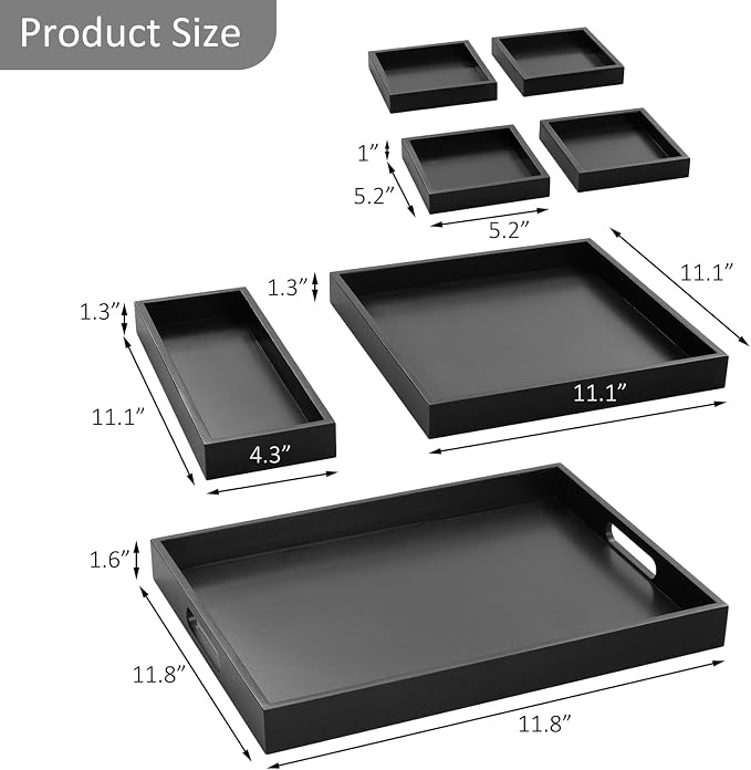 RRX Wood Serving Trays with Handles, Set of 7 Rectangular Tray,Black | Nesting Bamboo Tray for Breakfast in Bed, Kitchen, Entertaining, Couch, Party, Platters, Coffee Table, Countertop Home Decor