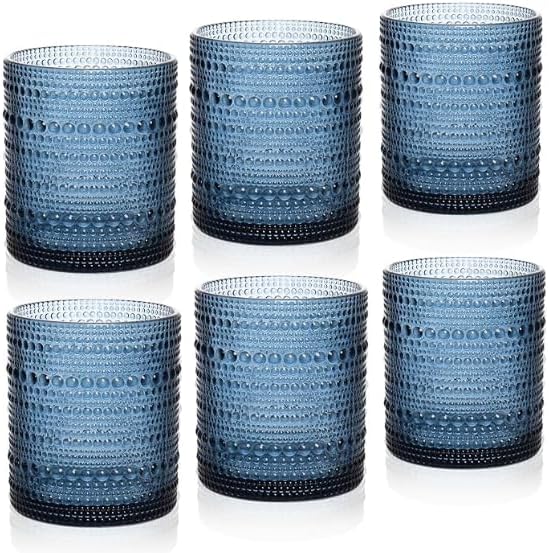 Cocktail Glasses 10 oz Hobnail Drinking Glasses Set of 6, Vintage Glassware, Textured Glass Cups Bubble Glasses Water Glasses Old Fashion Jupiter Glasses Set, Blue
