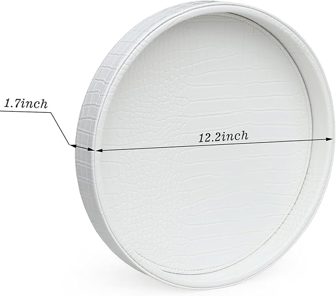 HofferRuffer Faux Leather Round Serving Tray, Vegan Croco Leather Decorative Food Tray for Storage Drinks, Snack & Cosmetics, Dia.12'' x 1.6'' (White Croco, 12'')