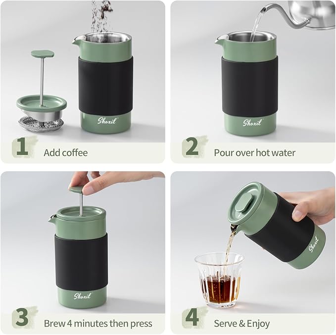French Press – 350ml Stainless Steel Coffee Press, 2 Cup Cafetiere for Ground Coffee, Portable French Press