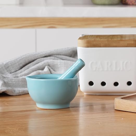 Mortar and Pestle Set (3.2 Inch-Turquoise) | Ceramic stoneware, sturdy, multi-purpose, spice/herb/pill, easy-clean, non-slip, comfy, dishwasher-safe, compact, elegant