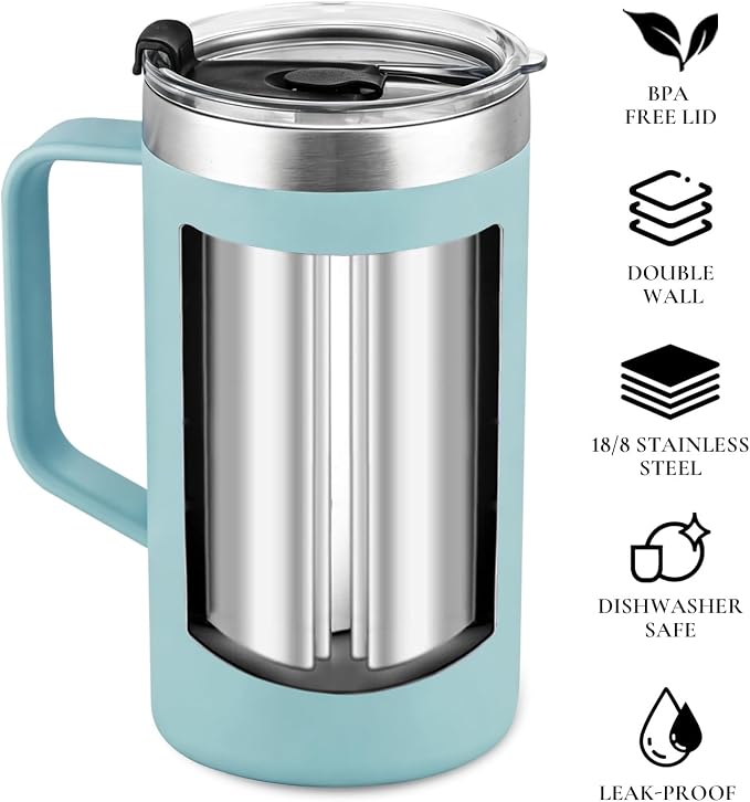 NESTALLY Cozy 20oz Insulated Coffee Mug with Handle & Lid, Mint Green | Stainless Steel Double Wall Vacuum Travel Mug for Hot & Cold Drinks, Reusable Coffee Tumbler, Non-Slip Base, BPA-Free