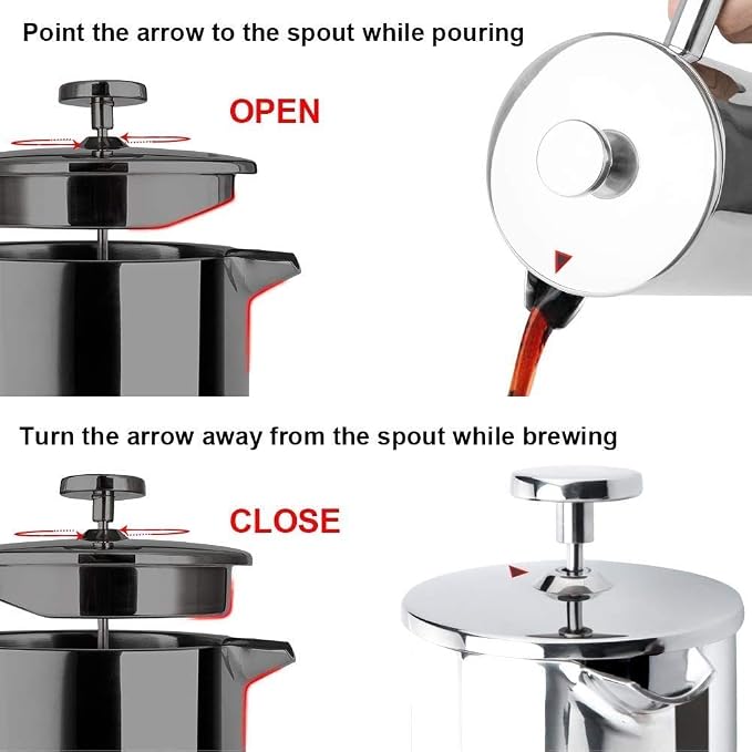 Secura French Press Coffee Maker, 304 Grade Stainless Steel Insulated Coffee Press with 2 Extra Screens, 12oz (0.35 Litre), Silver