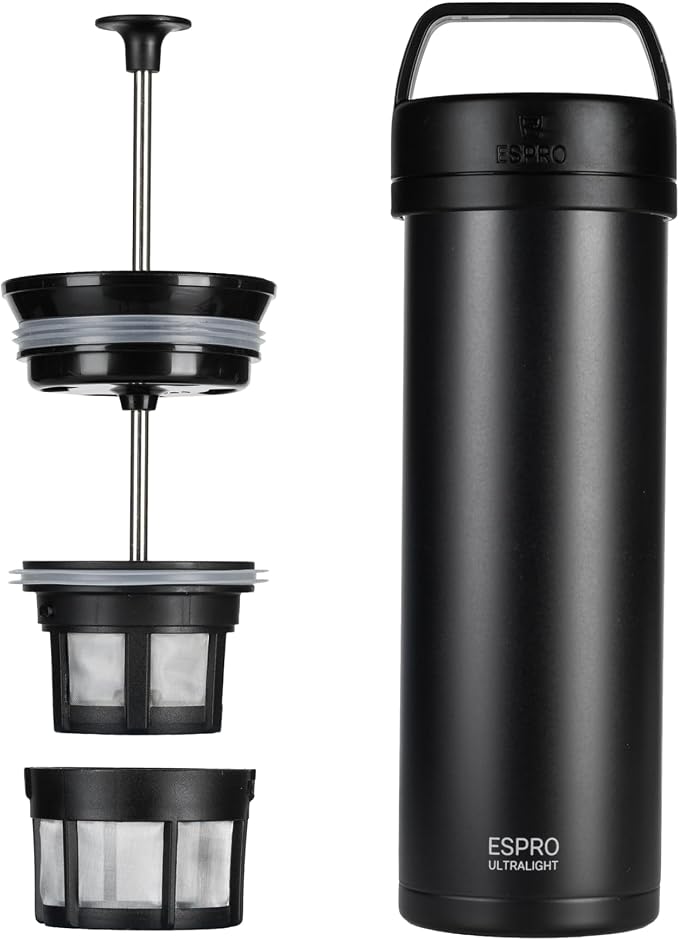ESPRO Go P0 Ultralight French Press Coffee Maker for Travel, Vacuum Insulated Stainless Steel, 16 Ounces, Matte Meteorite Black