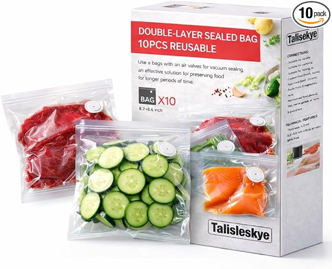 Vacuum Sealer Bags,reusable double zipper vacuum bag with air valve | suitable for sous vide cooking and microwave heating (8.3 * 8.7inch)