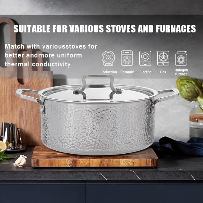 Vivicreate Tri-Ply Stainless Steel Stockpot Deep Cooking Pot with Hammered Exterior Compatible with All Stovetops Even Heat Distribution Durable Cookware for Soups Stews and More 3 QT