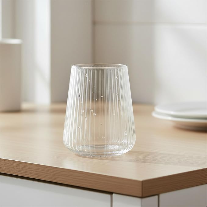 Set of 6 Stemless Wine Glasses,17oz Ribbed Drinking Glasses, Lightweight, Clear, Everyday Drinking Water Glass, Fluted Design, Ideal for Water, Iced Coffee, Juice, Milk, Housewarming Gift