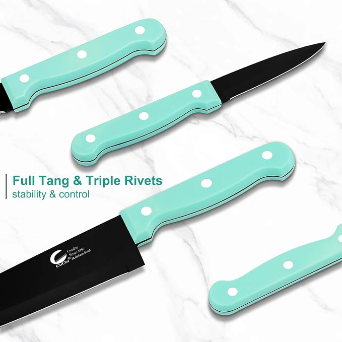 16-Piece Kitchen Knife Set with Block - High Carbon Stainless Steel Knives, Black Non-Stick Coating, Triple Riveted Forged Turquoise Handle, Dishwasher Safe, Includes Knife Sharpener, Scissors