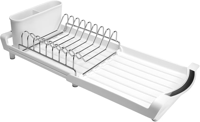 Compact Stainless Steel Dish Drying Rack | Rust-Resistant Drainer for Kitchen and Apartment Countertops/Sink Cabinets, Adjustable 11.42 to 19.9 Inches (White)