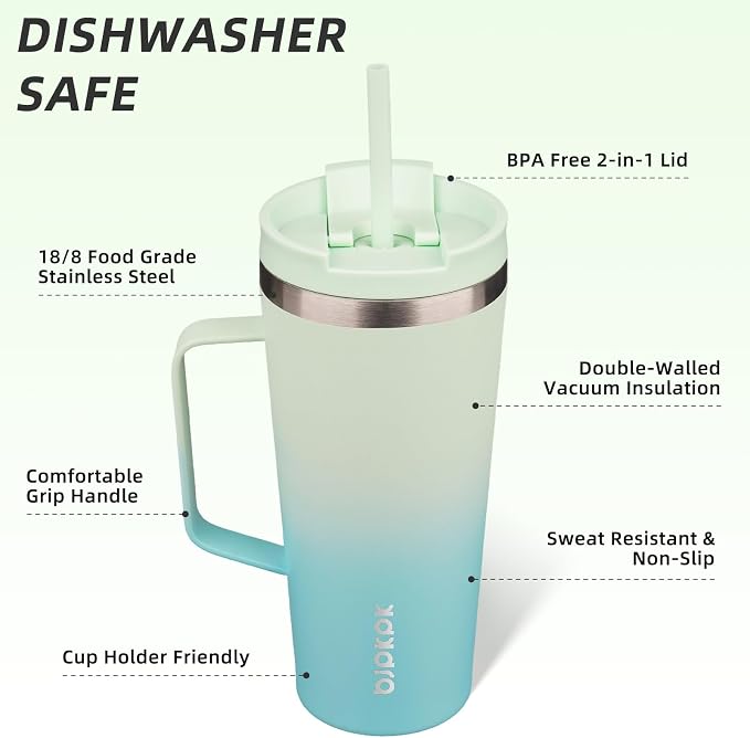 BJPKPK 22oz Insulated Tumbler with Handle, Lid & Straw, Stainless Steel | Double Wall Vacuum Insulated Coffee Travel Mug - Keeps Cold & Hot, BPA Free, Cupholder Fit for Office, Gym & Travel