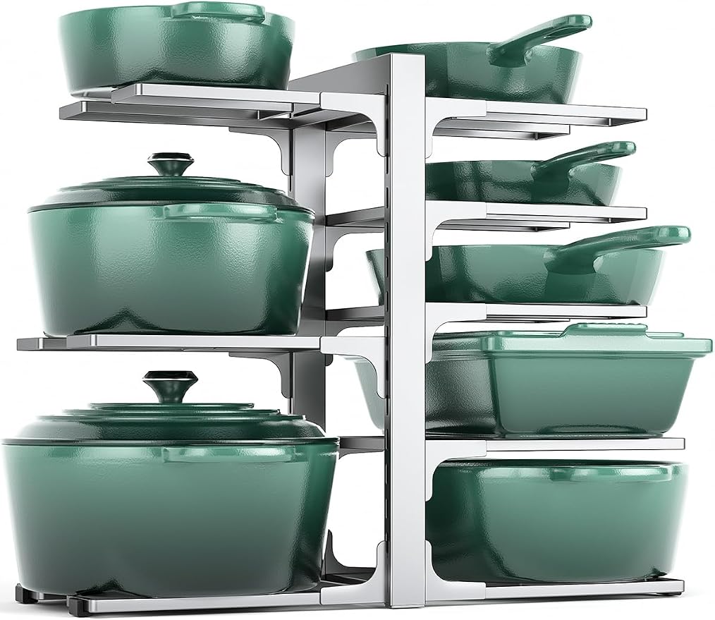 MUDEELA 8-Tier Heavy Duty Pots and Pans Organizer, 15.83" H Sliver | Adjustable pot rack, Holds frying pans and cast iron skillets, Heavy-duty steel. Fits under cabinet, Easy Assembly