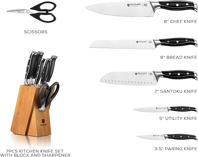 7Pcs Ultra Sharp Kitchen Knife Set, Acacia Wood Block with Scissors | Engineered for Balance with Durable German High Carbon Stainless Steel and Ergonomic Comfort Grip, Great Gift for Home Chefs
