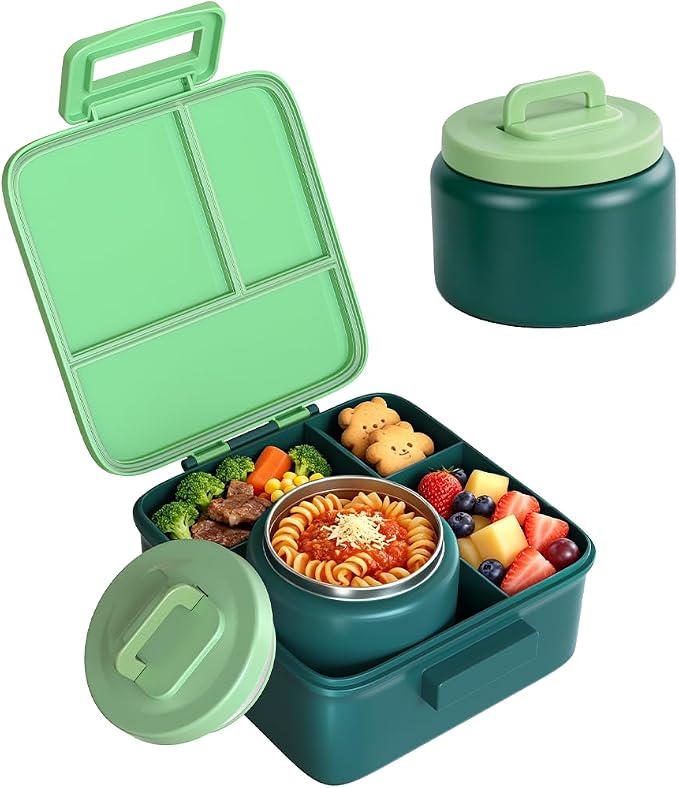 Bento Lunch Box for Kids with 8oz Thermo Containers for School,Camping | Vacuum Insulated Food Jar,Leakproof Silicone-Seal,5 Compartments with Dividers,Dishwasher & Refrigerator Safe,BPA-Free