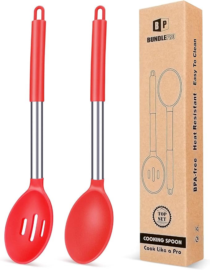 BUNDLEPRO Silicone Cooking Spoons for Non Stick Cookware, 2 Pack, RED | Heat Resistant, Large Kitchen Spoons for Mixing, Serving, Draining, Stirring