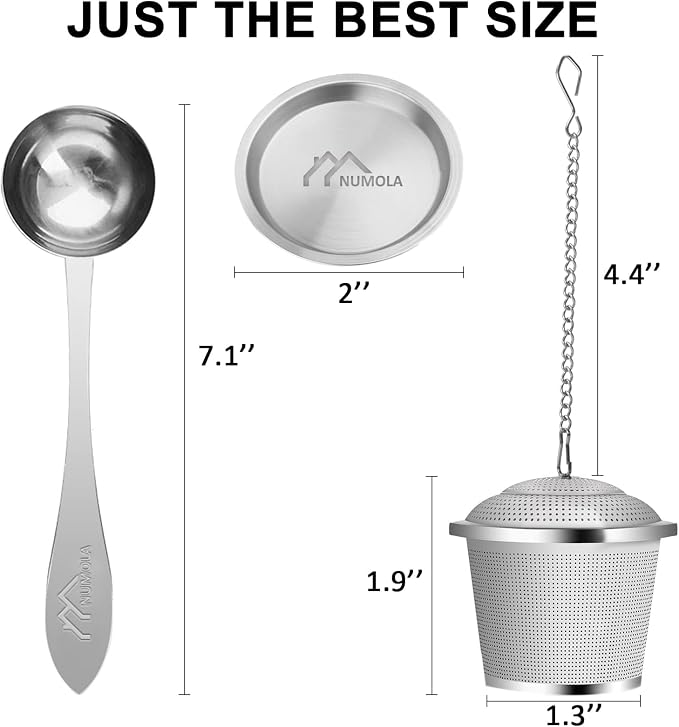 Numola Tea Ball Infuser for Loose Tea with Spoon and Drip Tray, 2Pcs | Loose Leaf Tea Infusers Set, Fine Mesh Tea Steeper, With Spoon and Drip Trays, Extended Chain Hook, Gifts for Men and Women