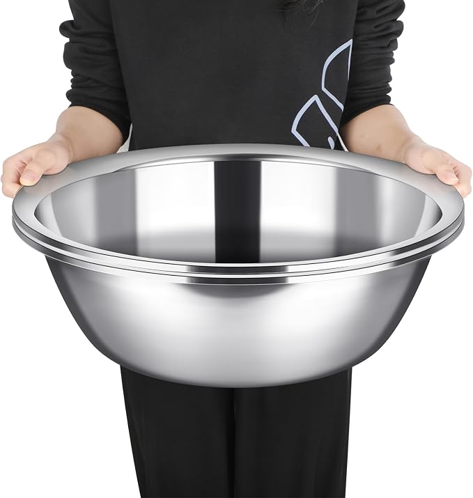 Nuogo 2 Pack Large Mixing Bowls 17 Quart Stainless Steel Flat Base | Big Bowls for Baking, Marinating, Meal Prep, Metallic Finish Stainless Steel, Commercial Grade, Flat Base Stability