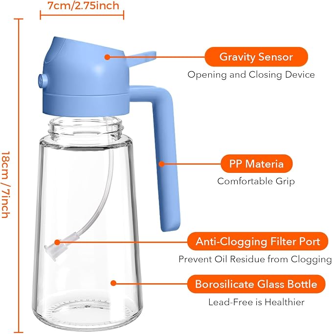 YARRAMATE 16 oz 2-in-1 Glass Olive Oil Sprayer for Cooking, SkyBlue | Food-grade dispenser bottle, 470 ml, spray and pour, portion control, stickers included, for salad, frying and BBQ