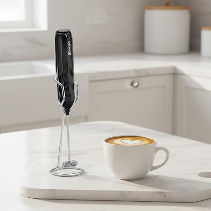 RAYONNER Kitchen Milk Frother Handheld Coffee Frother Foam Maker Black | Fast Powerful Drink Mixer, Stainless Steel Whisk, For Coffee, Battery Operated