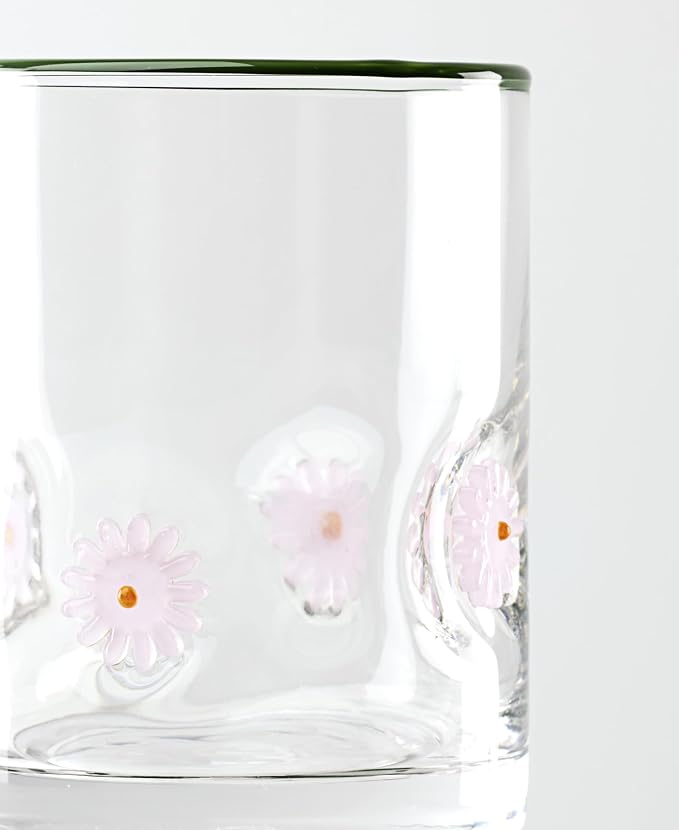 Oneida 24 Seven Flower Glass Tumblers, 12-Oz, Set of 2 | dishwasher safe, glass | embossed daisy design | 12oz cups, cute floral water drinking glasses, gift for mom and women