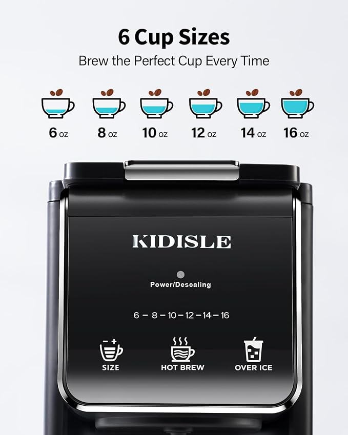 KIDISLE Hot & Iced Single Serve Coffee Maker for K Cup & Grounds, 6–16oz Brew Sizes, 40oz Water Tank, Reusable Pod Filter, Easy-to-Use for Home, Office, Dorm, Black