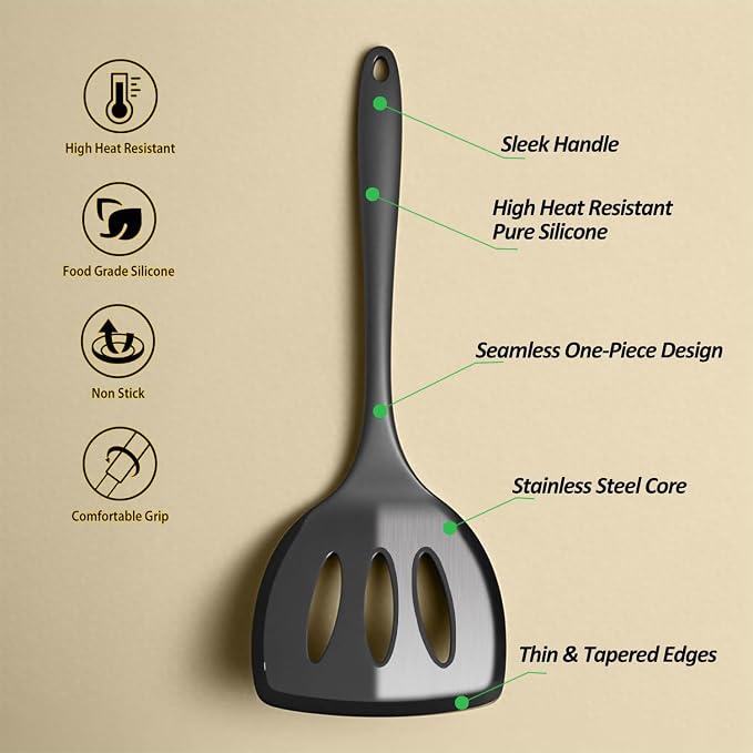Silicone Pancake Spatula Turner with Lengthened Handle& Seamless Design, Heat Resistant Slotted Flipper for Nonstick Cookware, Large Flexible Kitchen Utensils for Egg, Pancake, Burger, Slotted Black