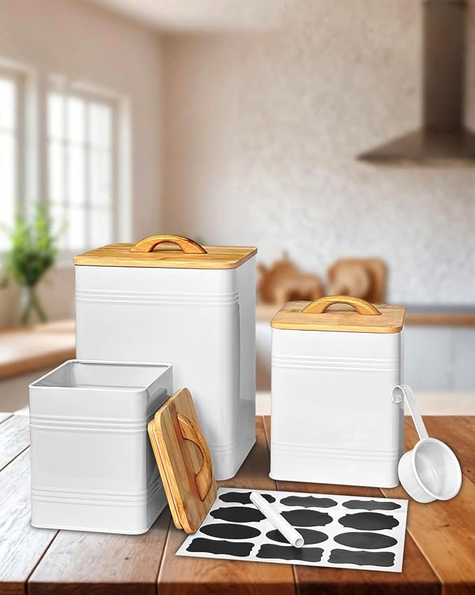 Kitchen Canister Set of 3 - Large 7 Qt Flour and Sugar Containers Airtight - White Metal Food Storage Jars with Bamboo Lids, Iron Spoon & Erasable Magnetic Labels, Farmhouse Decor for Pantry