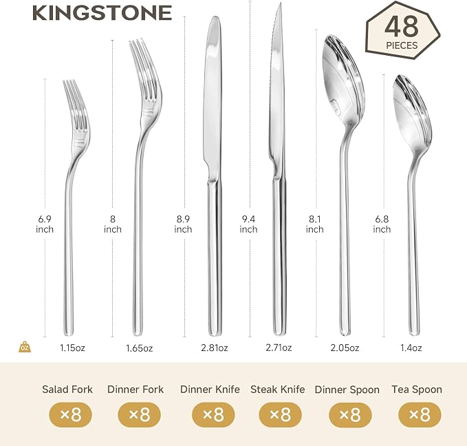 48-Piece Silverware Set with Steak Knives, Flatware Set for 8, 18/10 Stainless Steel Tableware Cutlery Set for Home Restaurant, Mirror Finish,Modern Design