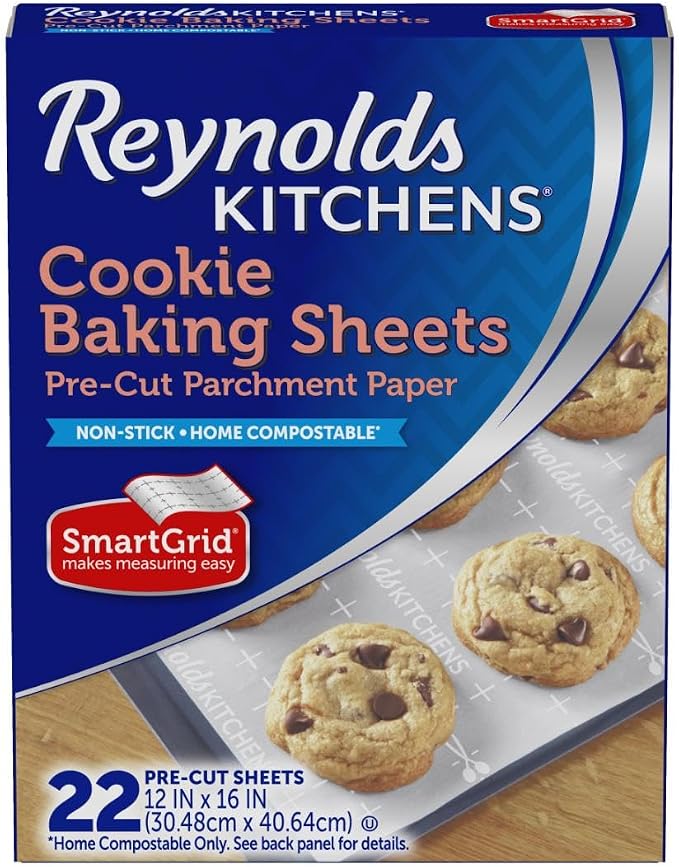 Reynolds Kitchens Pre-Cut Parchment Paper Cookie Baking Sheets, 22ct | 12 x 16 in, Fits Standard Size Cookie Sheets, Nonstick, Reusable Up To 3X, SmartGrid Lines, Oven Safe To 425F, Easy Cleanup