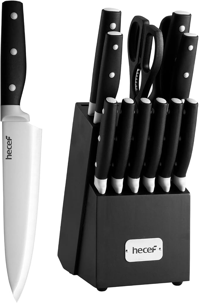 hecef Kitchen Knife Block Set, 14 Pieces Knife Set with Wooden Block & Sharpener Steel & All-purpose Scissors, High Carbon Stainless Steel Cutlery Set (Black) | Dishwasher Safe, High Carbon Stainless Steel, Includes Steak Knives & Kitchen Scissors