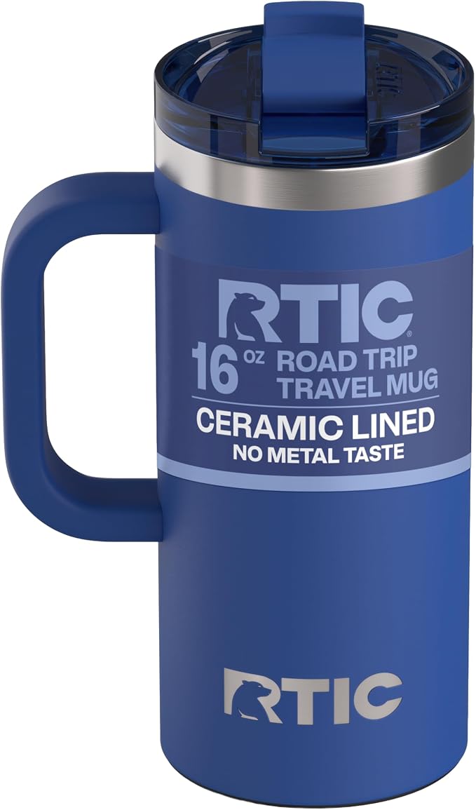RTIC 16oz Road Trip Travel Mug with Lid and Handle, Ceramic Lined, Cobalt | Stainless Steel Metal, Insulated Travel Cup for Hot and Cold Drinks, Coffee, Car, Camping and Travel