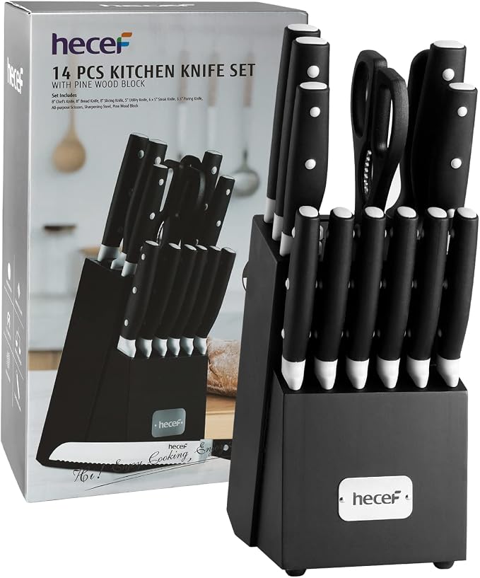 hecef Kitchen Knife Block Set, 14 Pieces Knife Set with Wooden Block & Sharpener Steel & All-purpose Scissors, High Carbon Stainless Steel Cutlery Set (Black) | Dishwasher Safe, High Carbon Stainless Steel, Includes Steak Knives & Kitchen Scissors