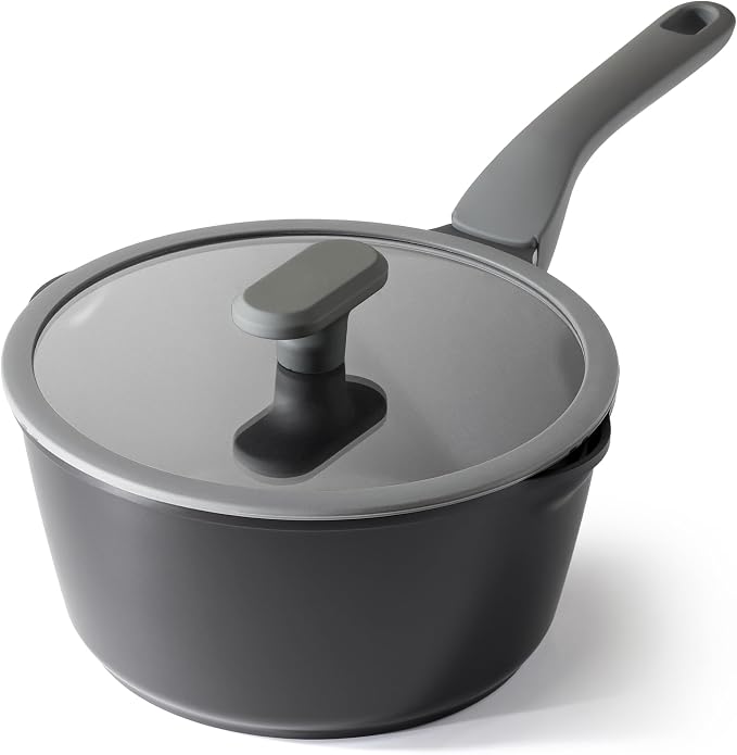 PRICUSIS Ceramic Nonstick Saucepan with Lid, 3 Quart Non Toxic Pot with Pour Spouts, Full Coated, 100% Dishwasher Safe, Induction Compatible, PFOS & PFOA Free, Black Sesame