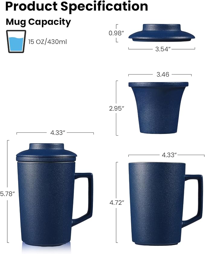 15 oz Ceramic Tea Infuser Cup with Lid - Tea Mug with All Porcelain Strainer for Loose Leaf Teas,Microwave and Dishwasher Safe,Metal-Free,BPA-Free for Tea Lovers/Birthday (Blue)
