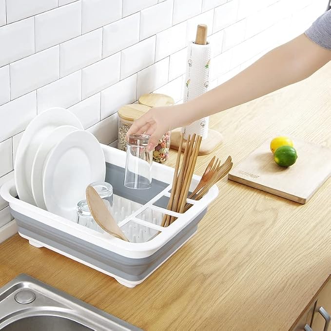J&V TEXTILES Collapsible Dish Drying Rack - Popup for Easy Storage, Drain Water Directly into The Sink, Room for Eight Large Plates, Sectional Cutlery and Utensil Compartment, Compact (Gray)