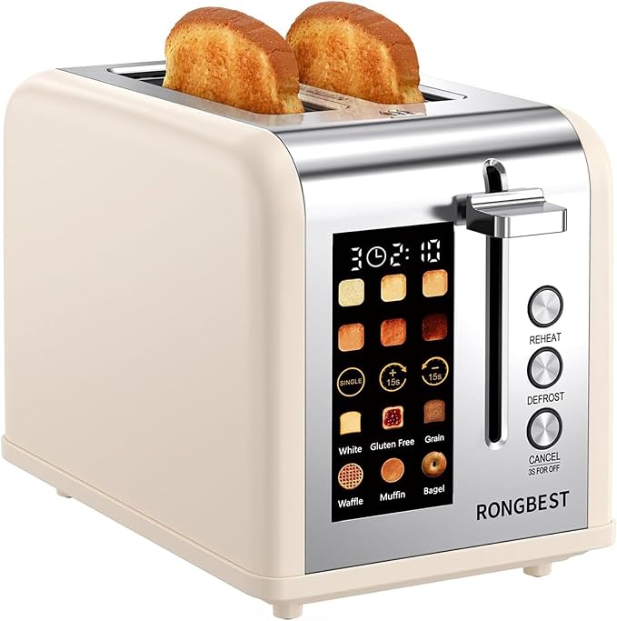 2 Slice Touch Screen Toaster Stainless Steel Wide Slot with Single-slice Mode, Digital Touchscreen, Reheat & Defrost, Toasted Bagel & Bread for Family Breakfast, Removable Crumb Tray, Cream Color