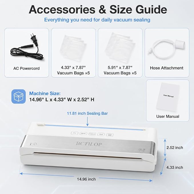 Vacuum Sealer Machine, 75KPa Automatic Food Sealer | with External Vacuum System, 7-in-1 Dry/Moist Modes, Compact Lightweight Design, Built-in Cutter + 10 Bags
