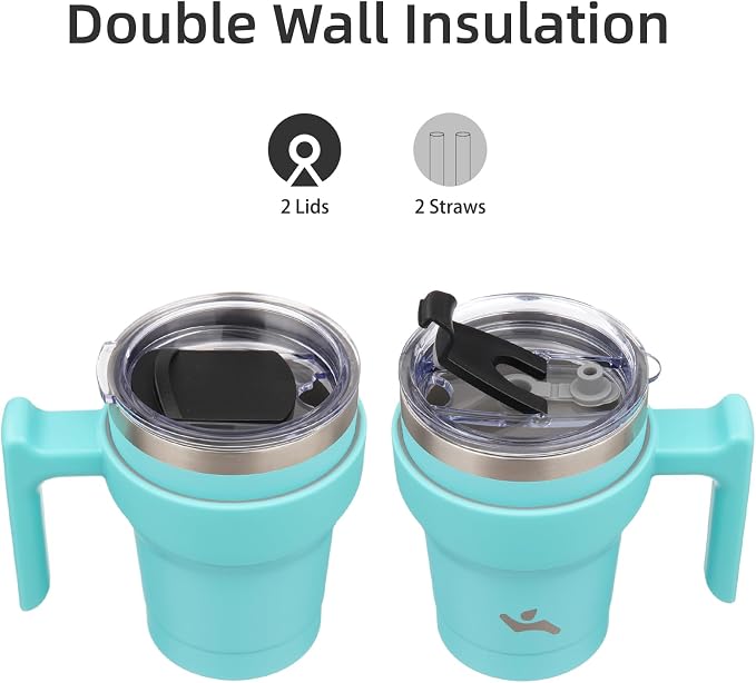 Konokyo 10 oz Tumbler with Handle and Straw, Insulated Travel Mug | Turquoise; BPA-free, leak-proof tumbler with 2 lids, 2 straws, cup holder fit for coffee, office, travel & daily use
