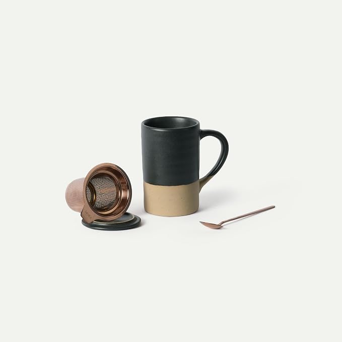 Mora Ceramics Tea Cup with Loose Leaf Infuser, Spoon and Lid, 12 oz, Microwave and Dishwasher Safe Coffee Mug - Rustic Matte Ceramic Glaze, Modern Herbal Tea Strainer - Great Gift for Women, Liquorice