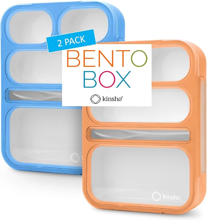 kinsho Bento-Box For Adults Or Kids, Lunch-Boxes Portion Control Container For Women Men Girls Boys | Leakproof Snack Containers For School Bpa Free Utensils 5 Compartments | Blue, Orange