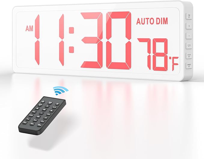 REACHER 16.5" Large Digital Wall Timer Clock, Countdown/up, Remote Control | Auto dimmer, temperature, rainbow LED wall clock for teacher, classroom, home decor, living room, office, gym, cable tidy