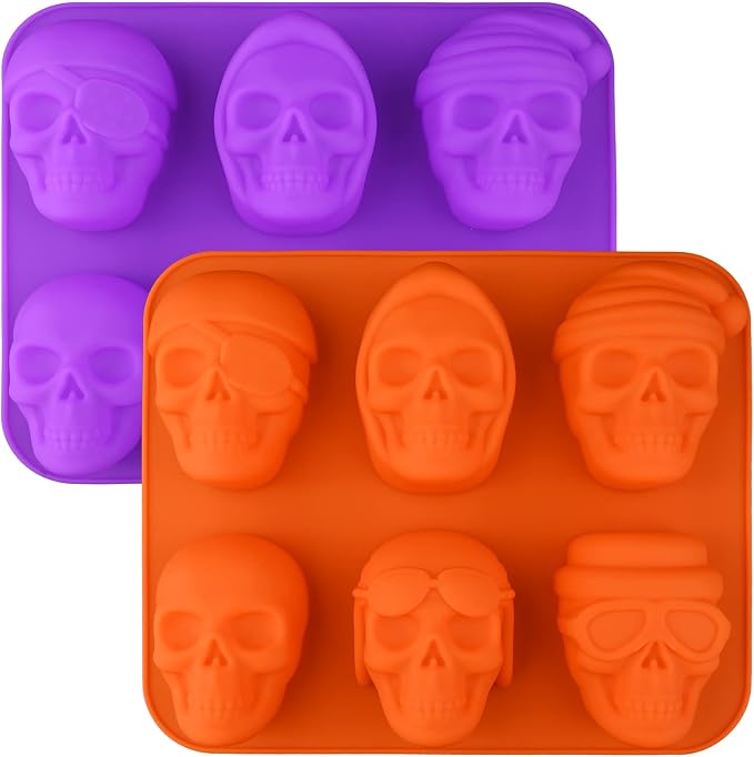 Large Skull Cake Pan Silicone Mold, 2 Pack 6 Cavity Halloween Skull Cakelet Chocolate Molds Candy Pizza Baking Molds Handmade Soap Tray