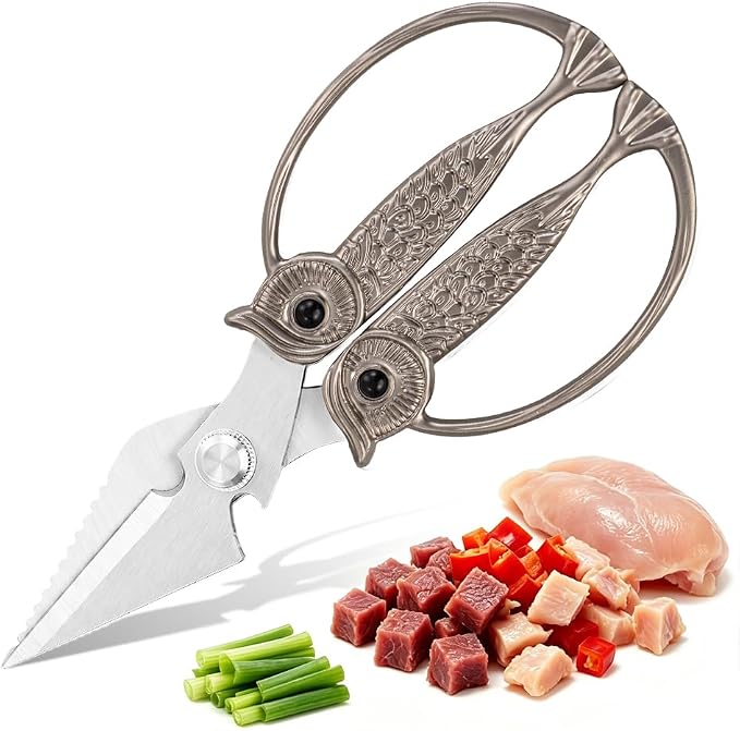 XSNBRD Kitchen Shears,Pearl Nickel Stainless Steel Owl Scissors Large | Pearl nickel plated,rust-resistant,ergonomic owl grip,easy to clean, use meat,vegetable,and BBQ shears.