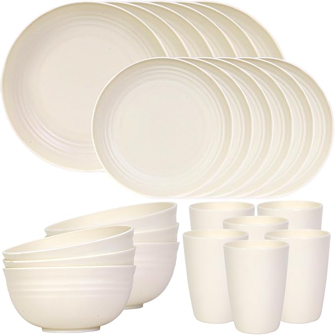 Quatish 24 Piece Plates and Bowls Sets for 6, Unbreakable Dinnerware Sets, Dish Set for Camping, Dishwasher Microwave Safe, Outdoor Kitchen and Apartment Dorm Dinning RV Essentials, Beige
